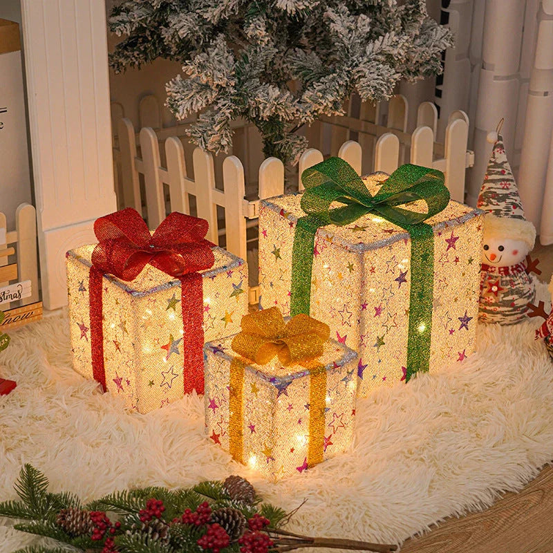 Lighted Christmas Gift Boxes with Colorful LED Lights and Bows for Festive Outdoor Decor