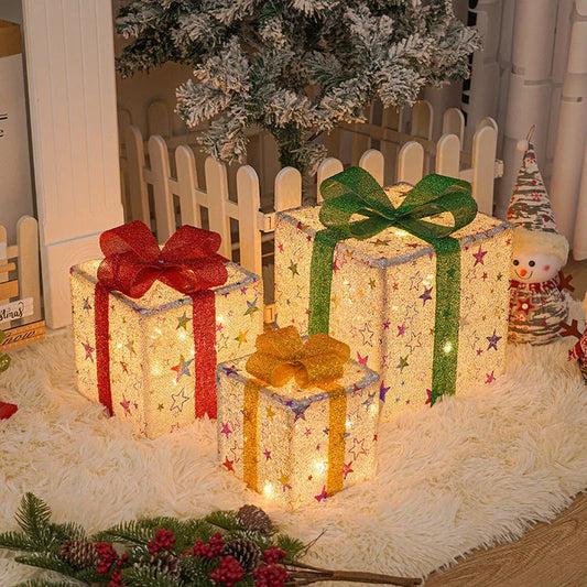 Lighted Christmas Gift Boxes with Colorful LED Lights and Bows for Festive Outdoor Decor