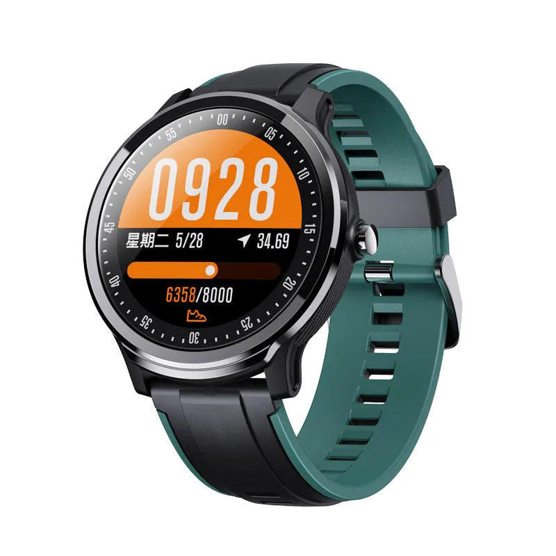 Green square multi-sport smart watch with touch screen and heart rate monitor on a wrist.