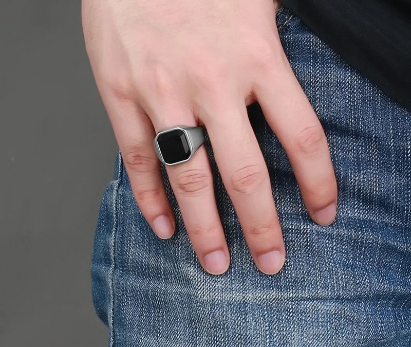 Men's stylish stainless steel black agate ring for a bold and sophisticated look
