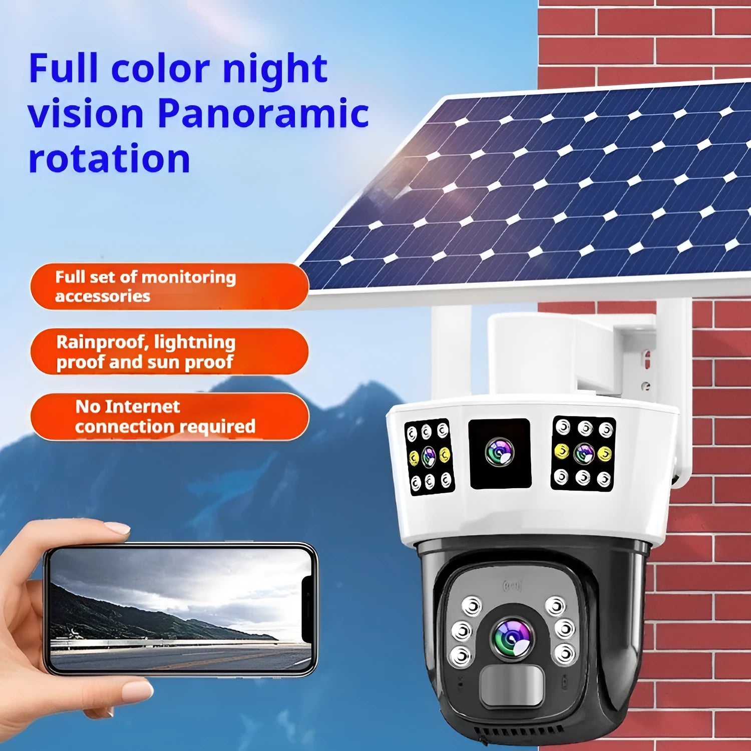 Solar-powered binocular surveillance camera with three-screen viewing capability
