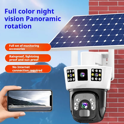 Solar-powered binocular surveillance camera with three-screen viewing capability