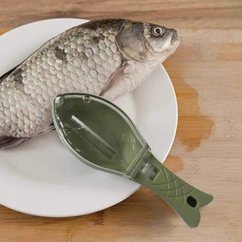 Fish-shaped scaler tool with cover to prevent scale splashing during fish cleaning