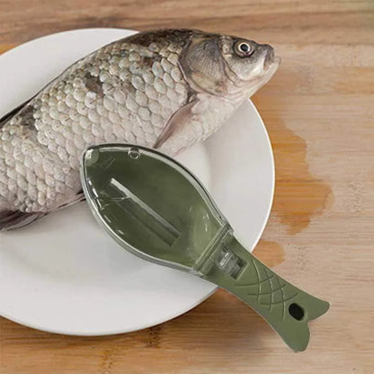 Fish-shaped scaler tool with cover to prevent scale splashing during fish cleaning