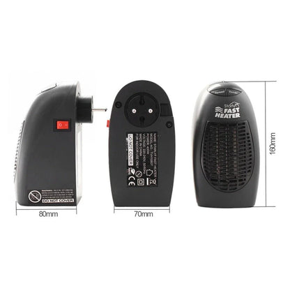 Compact electric space heater with stay-cool plastic housing, digital thermostat, and 180-degree rotating plug