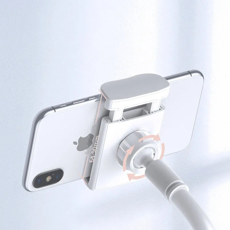 Lazy phone holder in dark grey or silver, aluminium alloy and plastic, clamp width 64-90mm, base clip 90mm.