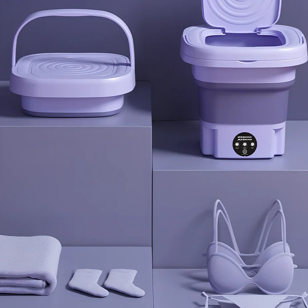 Green folding washing machine measuring 26x26x27cm with USB power cable and mechanical dial controls