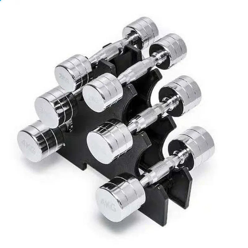 Silver pure steel electroplated dumbbell on a grey background, showing ergonomic handle.
