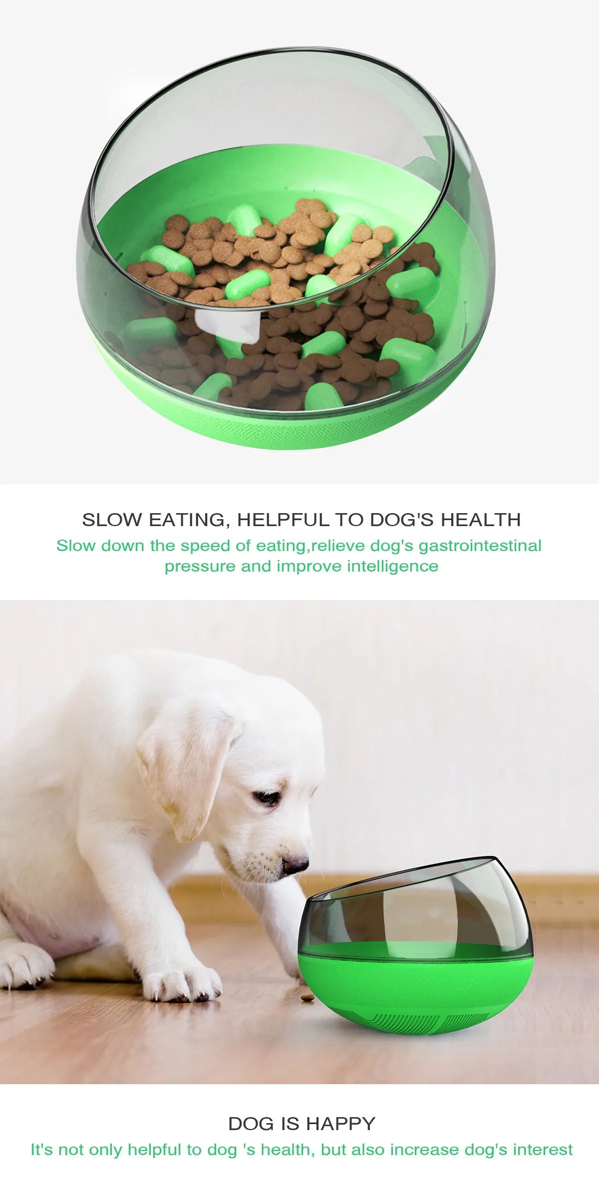 Plastic slow food bowl for pets, 19 x 19 x 14 cm, shown in blue, green, and yellow options