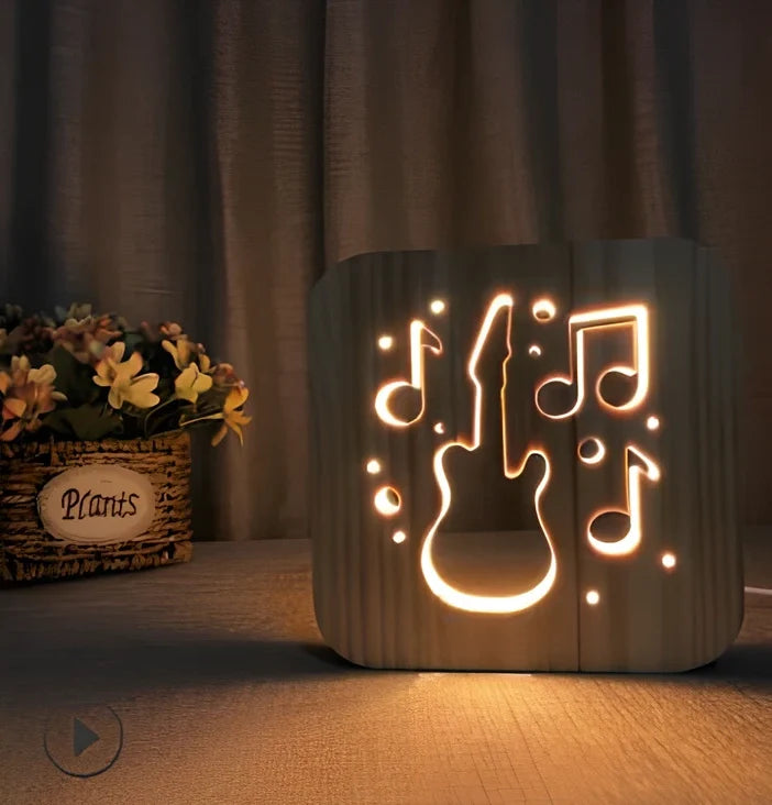 3D wood carving LED night light depicting musical instruments with USB power cable