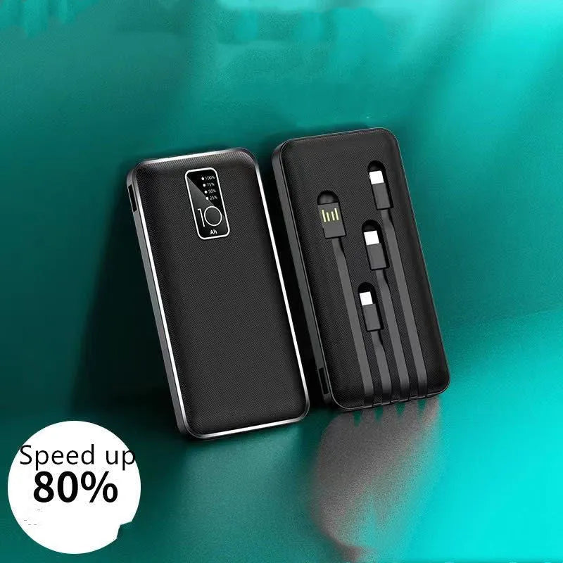 Portable power bank with digital display showing battery percentage and multiple charging ports