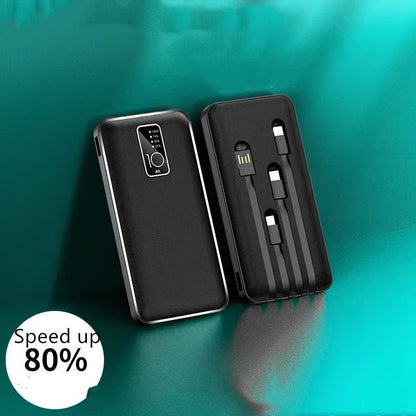 Portable power bank with digital display showing battery percentage and multiple charging ports