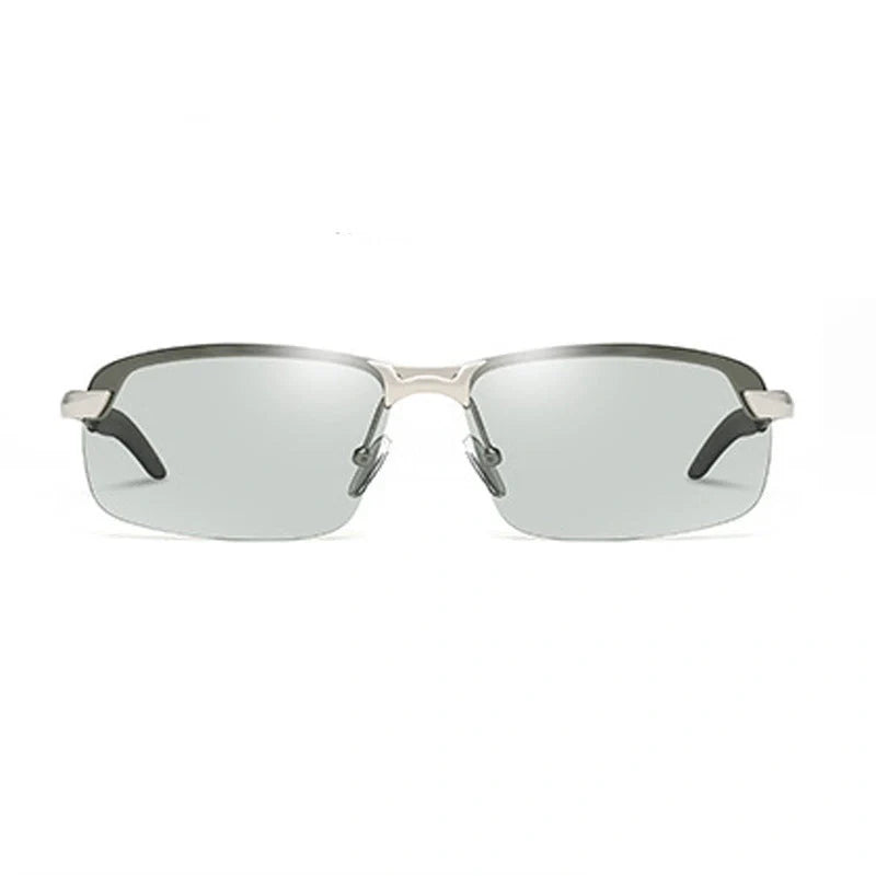 Men's driving glasses with colour-changing polarised lenses and lightweight alloy frames