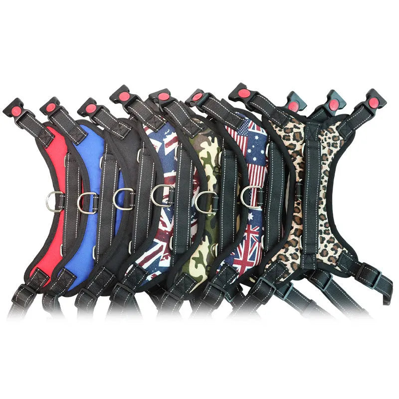 Explosion-proof polyester dog chest harness in black with saddle chest strap for medium and large dogs, sizes XS to XL