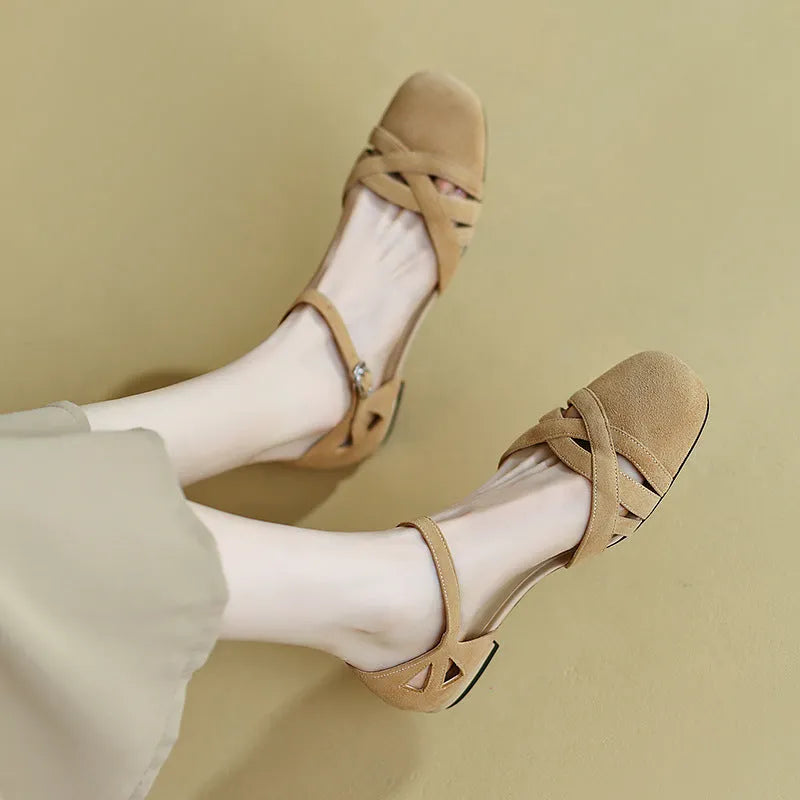French style retro Roman sandals with buckle fastening in apricot colour showing round toe and rubber sole