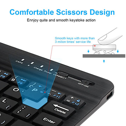 Black or white mini Bluetooth wireless keyboard shown in 7-inch, 9-inch, and 10-inch compact sizes.
