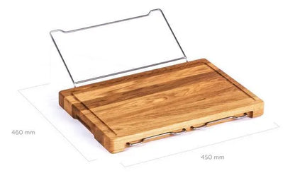 Bamboo cutting board with smooth surface alongside two large and three small plastic storage trays for vegetables and meat.