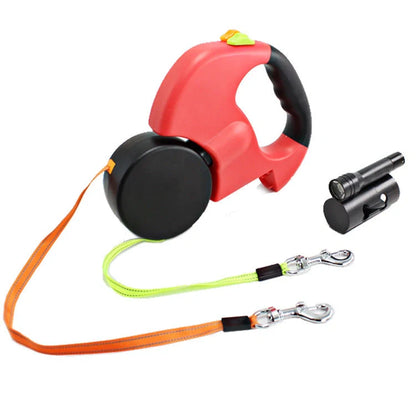 Dual-headed retractable dog leash with LED flashlight for walking two dogs safely at night