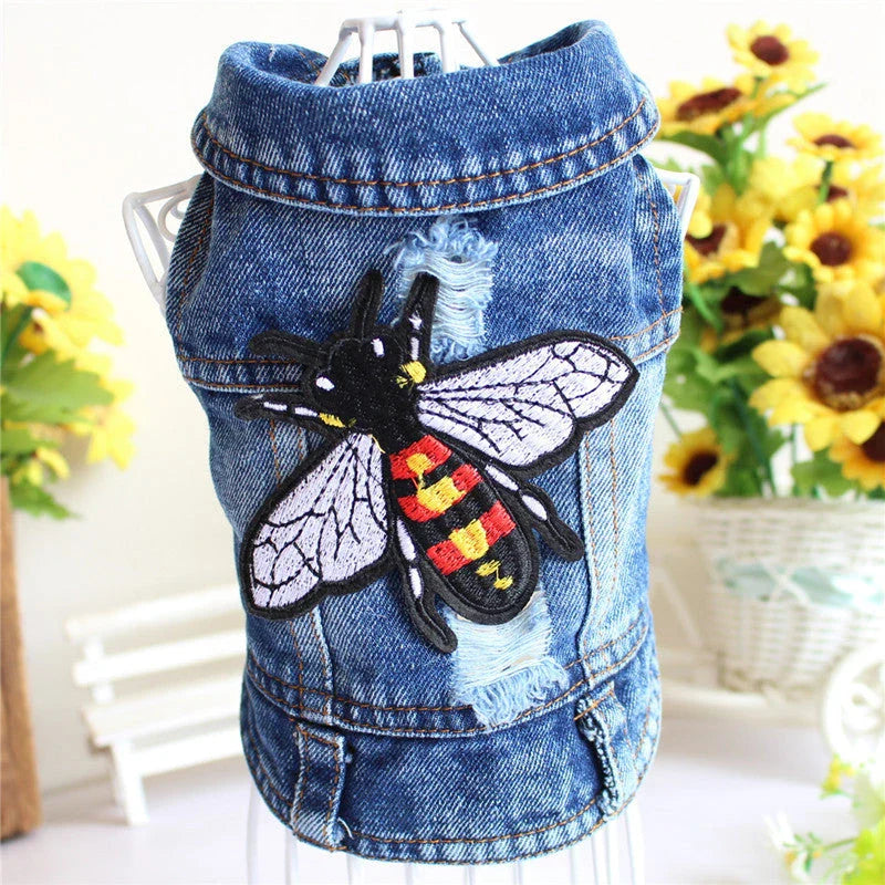 Stylish denim dog jacket with customizable color, pattern, and size options