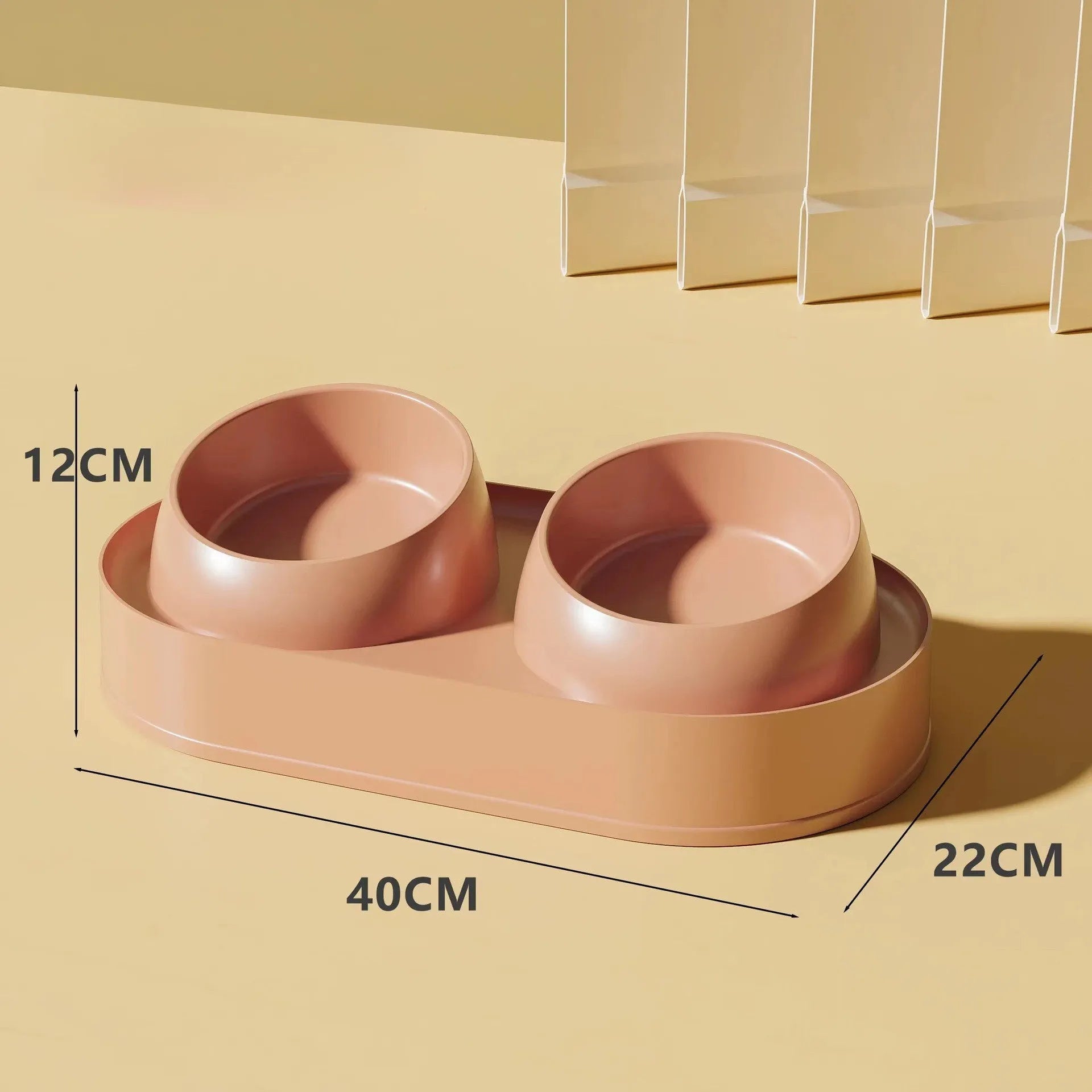 White elevated pet feeder with two tilted bowls on a non-slip base, for cat and small dog food and water.