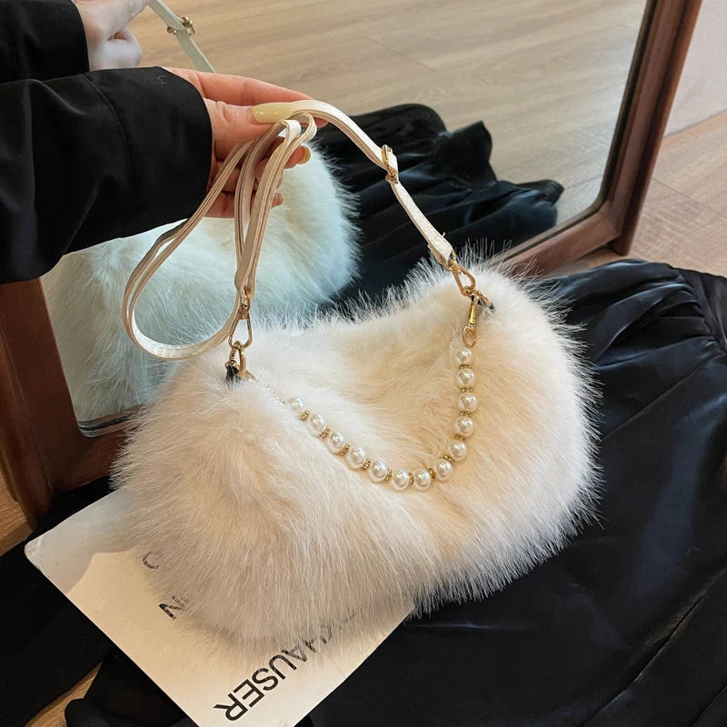 Autumn and winter plush pearl chain crossbody bag for women in various colours