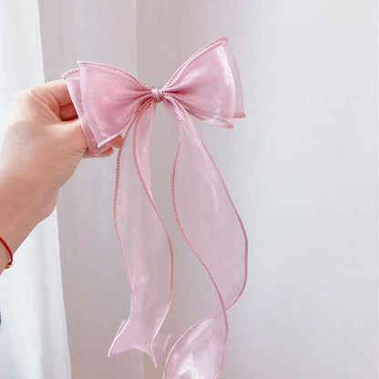 Children's lace bow hairpin with antique streamer design and duckbill clip in blue, grey, pink, purple, or red
