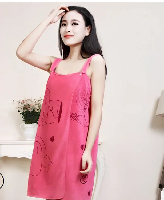 Women's pink hooded bath towel poncho with suspenders, 80x138cm polyamide fabric for secure drying