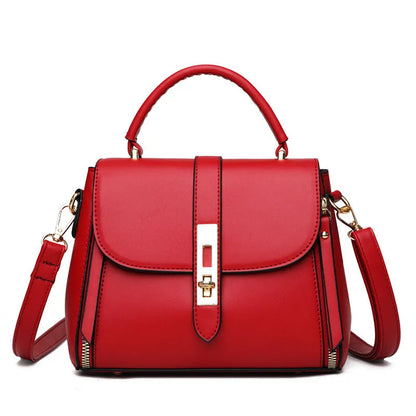 Soft black PU leather women's messenger bag with adjustable strap, shown in square vertical shape.