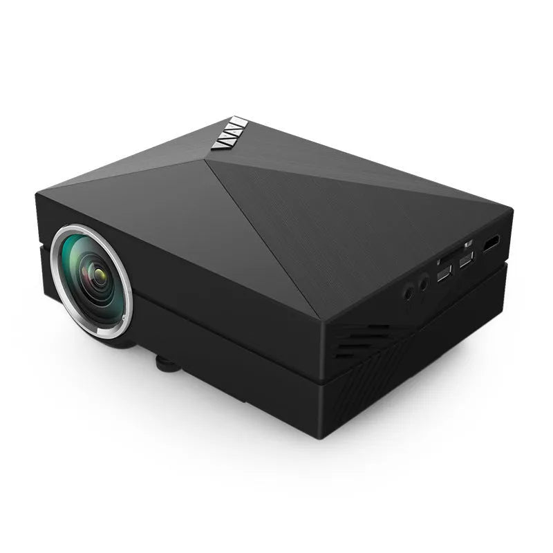 GM60 Home Mini Projector in black, 188mm x 146.5mm x 54mm, with remote control, power cable, and 3-in-1 AV cable.
