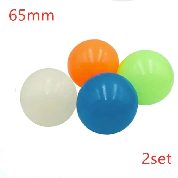 Colorful, luminous stress relief balls with a sticky surface for bouncing, squeezing, and sticking to surfaces
