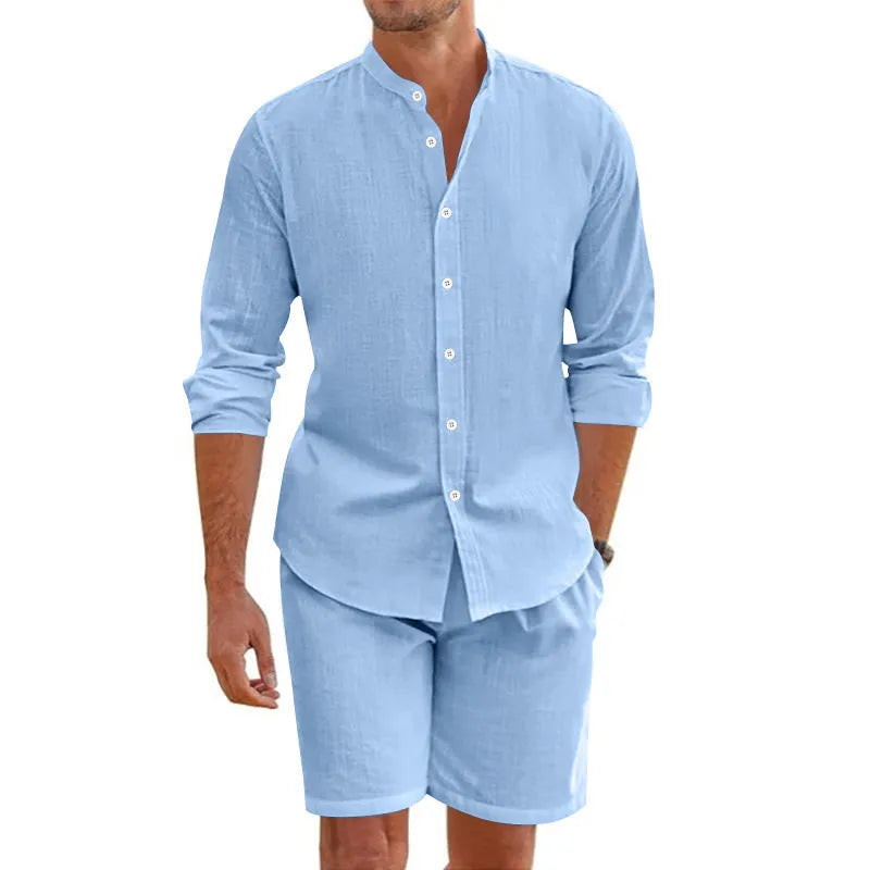 Men's summer short shirt suit with lapel and button-down short sleeve top plus drawstring shorts in hemp blend fabric for beach clothing, sports and leisure wear, available in dark grey, white, khaki, black or light blue in sizes S to XXXL.