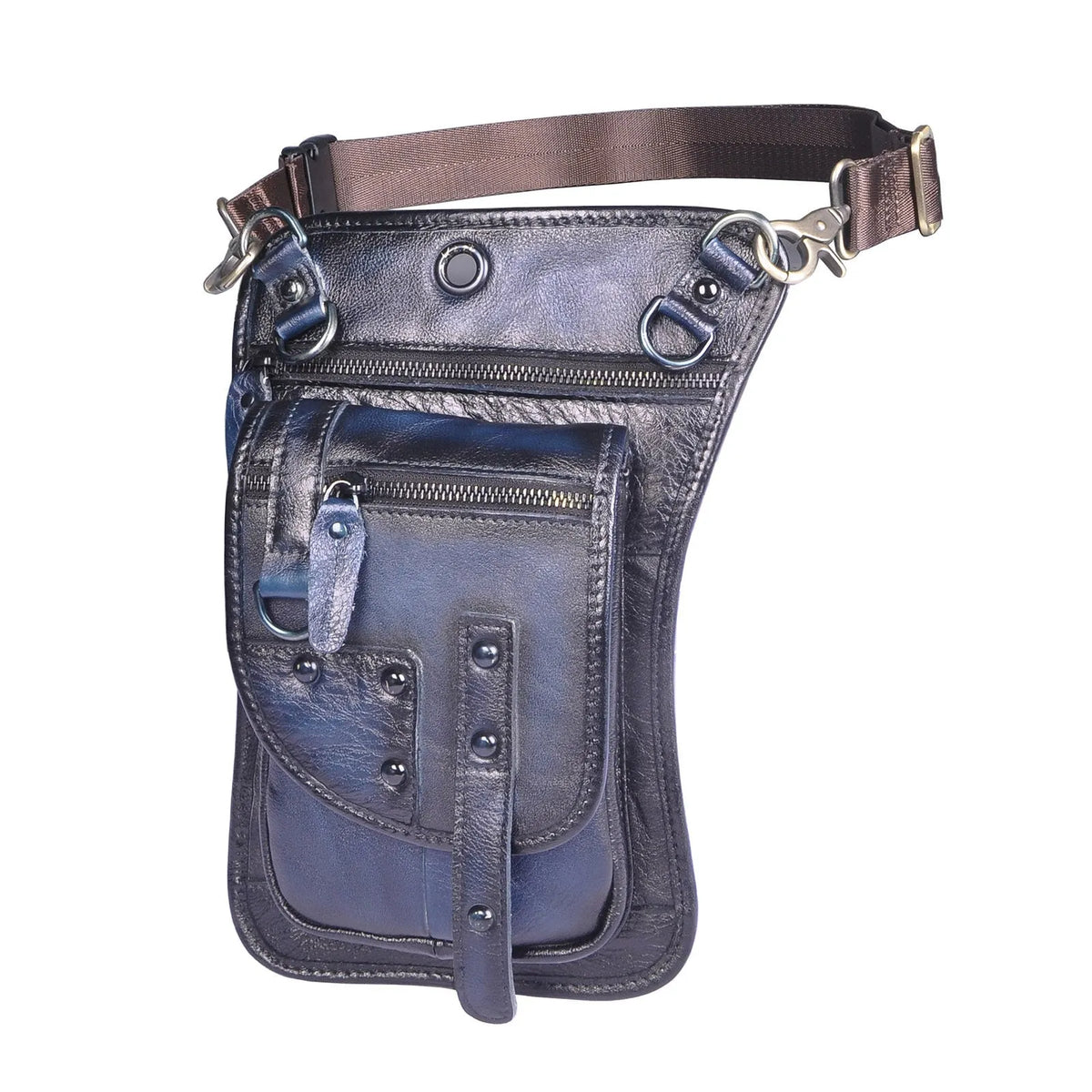 Men's black genuine cowhide leather fanny pack with zipper open showing internal phone and ID compartments