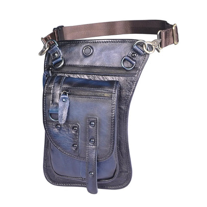 Men's black genuine cowhide leather fanny pack with zipper open showing internal phone and ID compartments