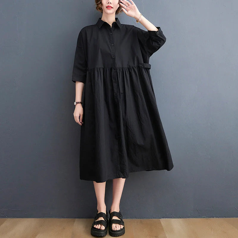 Casual loose fit linen short sleeve dress for women in white and black
