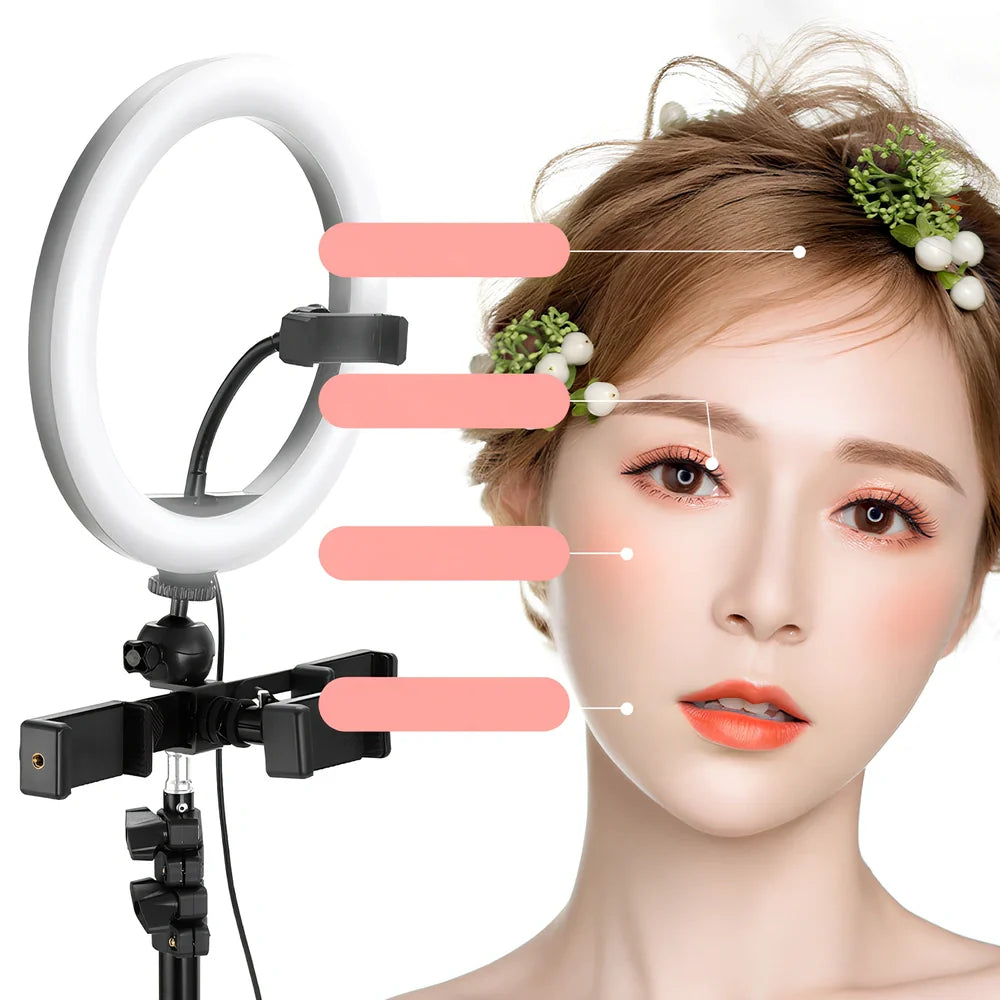 10-inch ring selfie light clipped to smartphone with 19cm metal bracket extended, rotatable for even face illumination