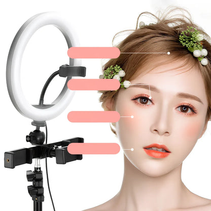 10-inch ring selfie light clipped to smartphone with 19cm metal bracket extended, rotatable for even face illumination