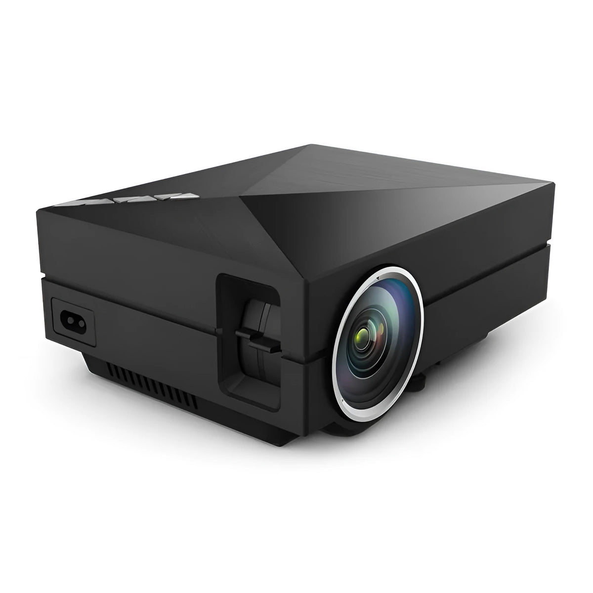 GM60 Home Mini Projector in black, 188mm x 146.5mm x 54mm, with remote control, power cable, and 3-in-1 AV cable.