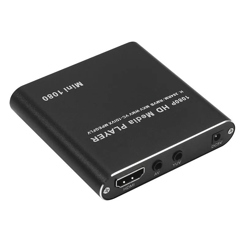 1080p Full HD media player in black metal case with SD card slot, USB port and HDMI output