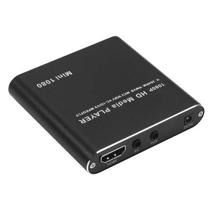 1080p Full HD media player in black metal case with SD card slot, USB port and HDMI output