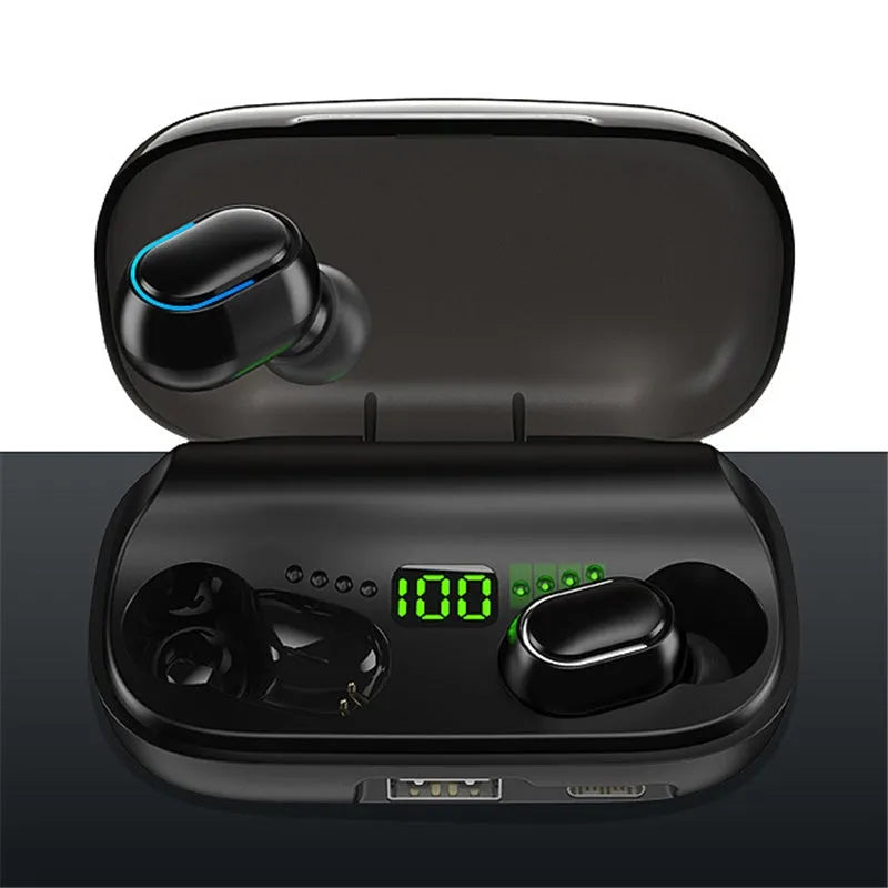 Black XT01 TWS earphone with digital display charging bay, Bluetooth V5.0, and white and blue button light