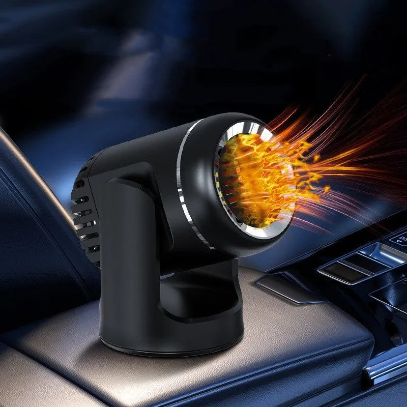 Black and white 12V car heater with cold and warm air settings for windscreen defrosting