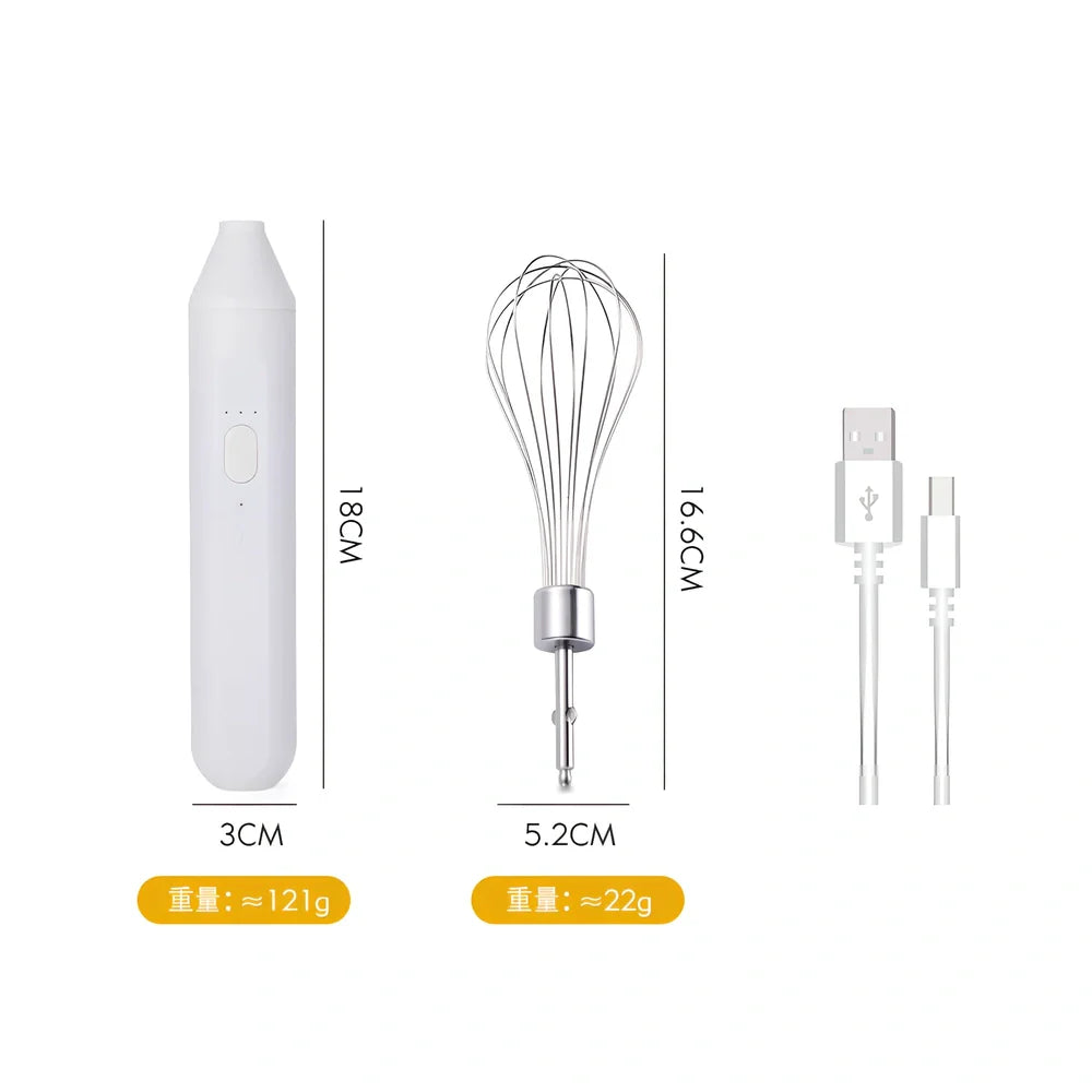 Black handheld electric egg beater with stainless steel beaters and 3-speed control buttons