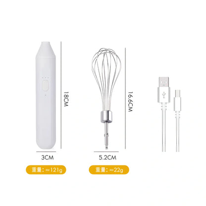 Black handheld electric egg beater with stainless steel beaters and 3-speed control buttons