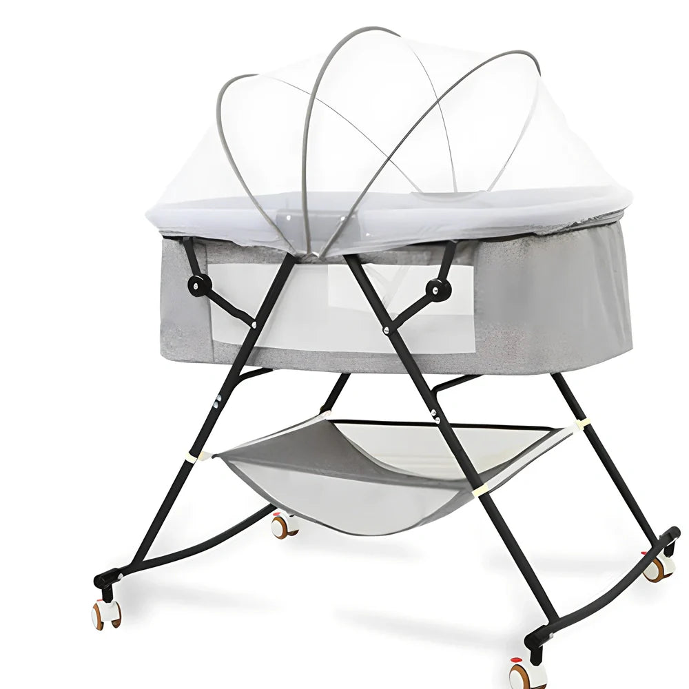 Foldable baby crib with mosquito net and roller wheels in European design