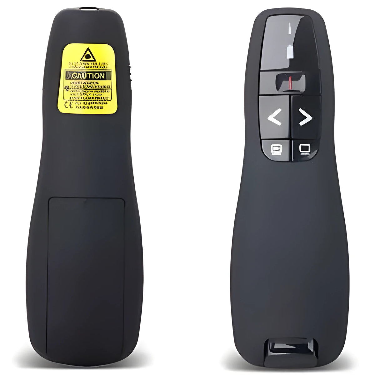 Black wireless presentation remote pen with laser pointer and stored USB receiver.