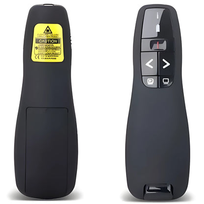 Black wireless presentation remote pen with laser pointer and stored USB receiver.