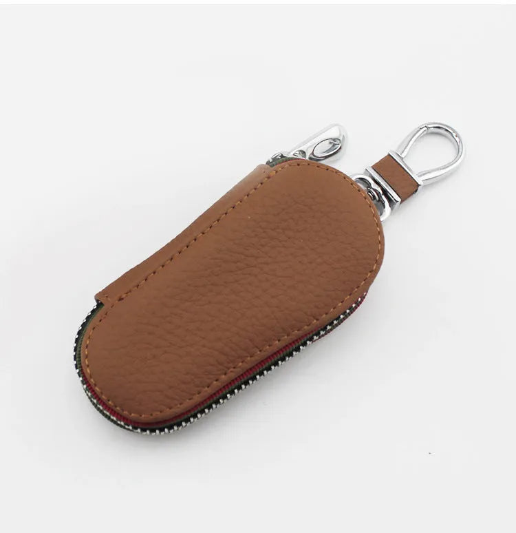 Universal leather car key bag with zipper, 15.5x5x2.5cm, in black or brown for car and home keys