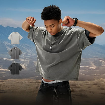 Men's vintage cotton t-shirt with loose fit, drop-shoulder sleeves, and washed-out finish in khaki light colour