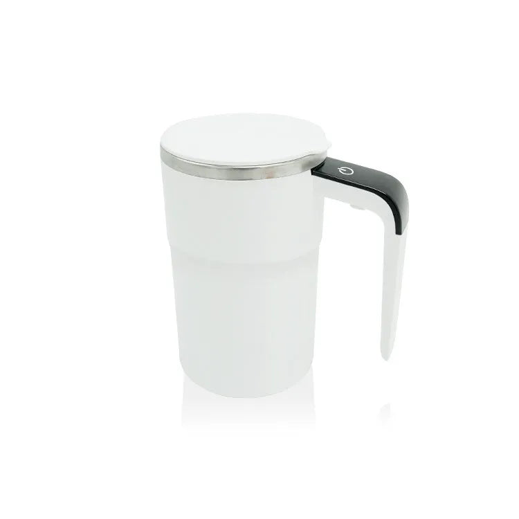 Electric coffee mug with USB charging port, magnetic stirrer, and LCD display showing temperature, in black or white colour.