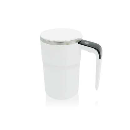 Electric coffee mug with USB charging port, magnetic stirrer, and LCD display showing temperature, in black or white colour.